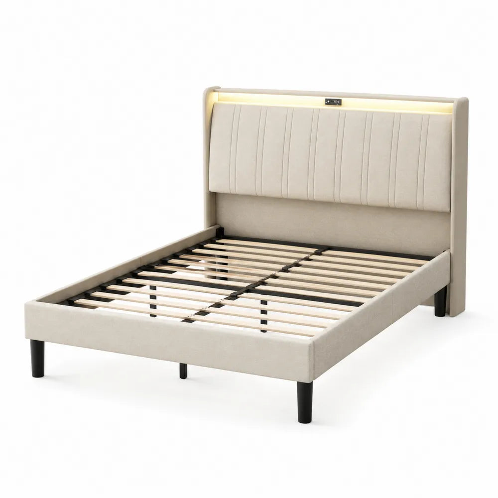 Lit double en tissu avec cadre en métal et bande LED