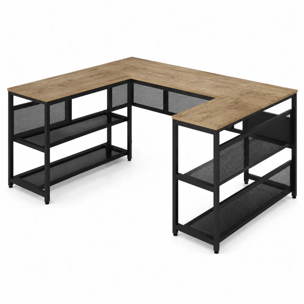 Bureau d'angle en L avec étagères en bois MDF et cadre métallique, Marron/Noir