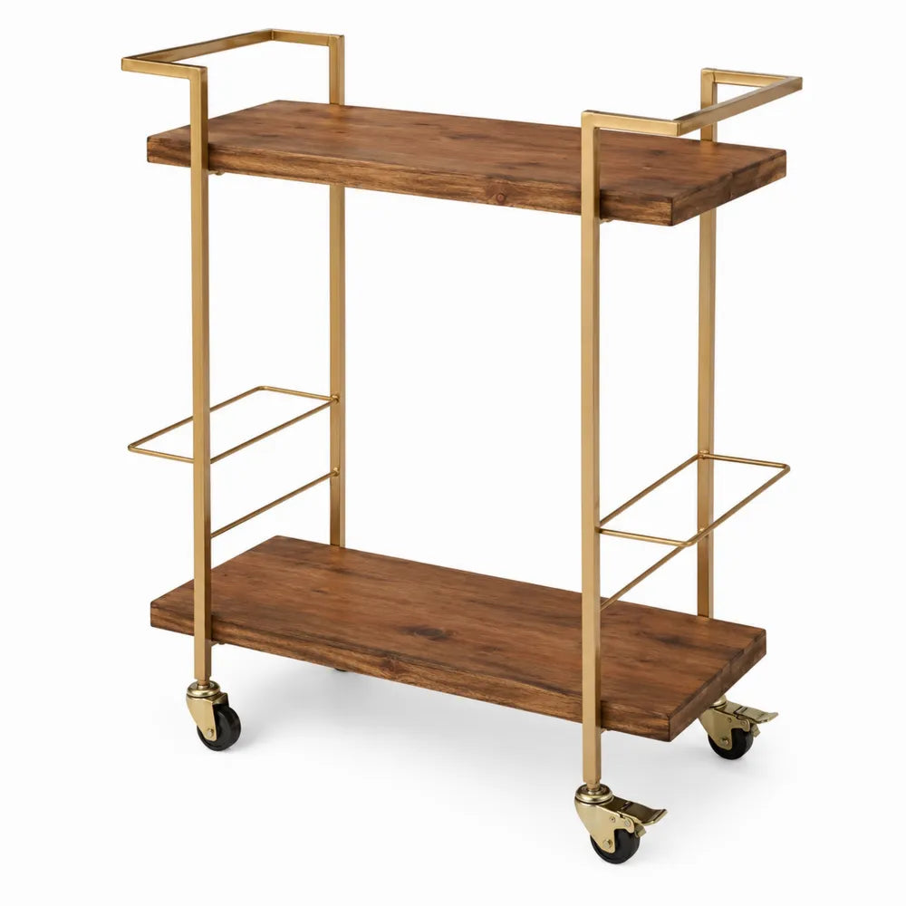 Chariot de Bar en Bois et Métal Doré avec Roulettes