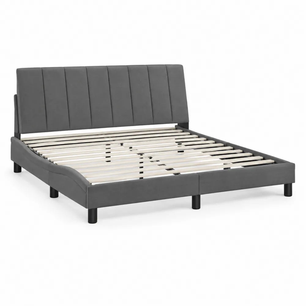 Lit double en tissu gris avec structure en bois 200x160 cm