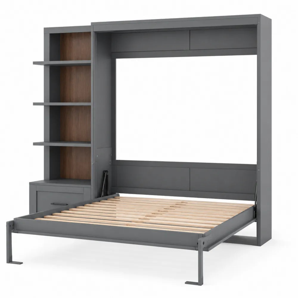 Lit escamotable en bois et métal avec étagères intégrées Gris